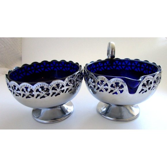 Cobalt Blue Glass and Silver Quality Plate Sugar and Creamer Set - England VTG - Picture 4 of 16
